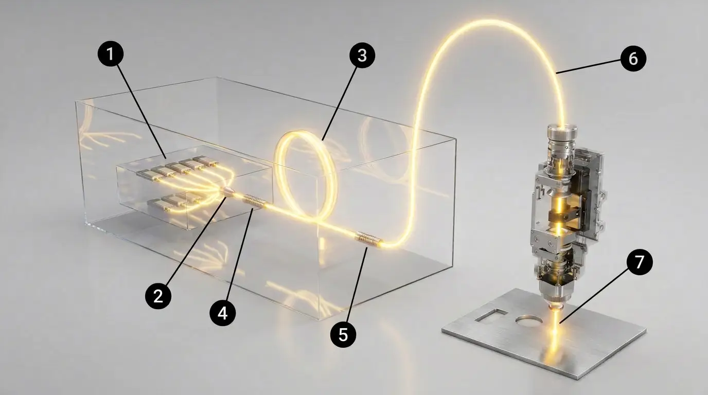 Sch&eacute;ma annot&eacute; des composants d'un laser &agrave; fibre, montrant les diodes de pompage, le combineur, la fibre active, les r&eacute;seaux de Bragg, la fibre de transport et l'optique de focalisation.